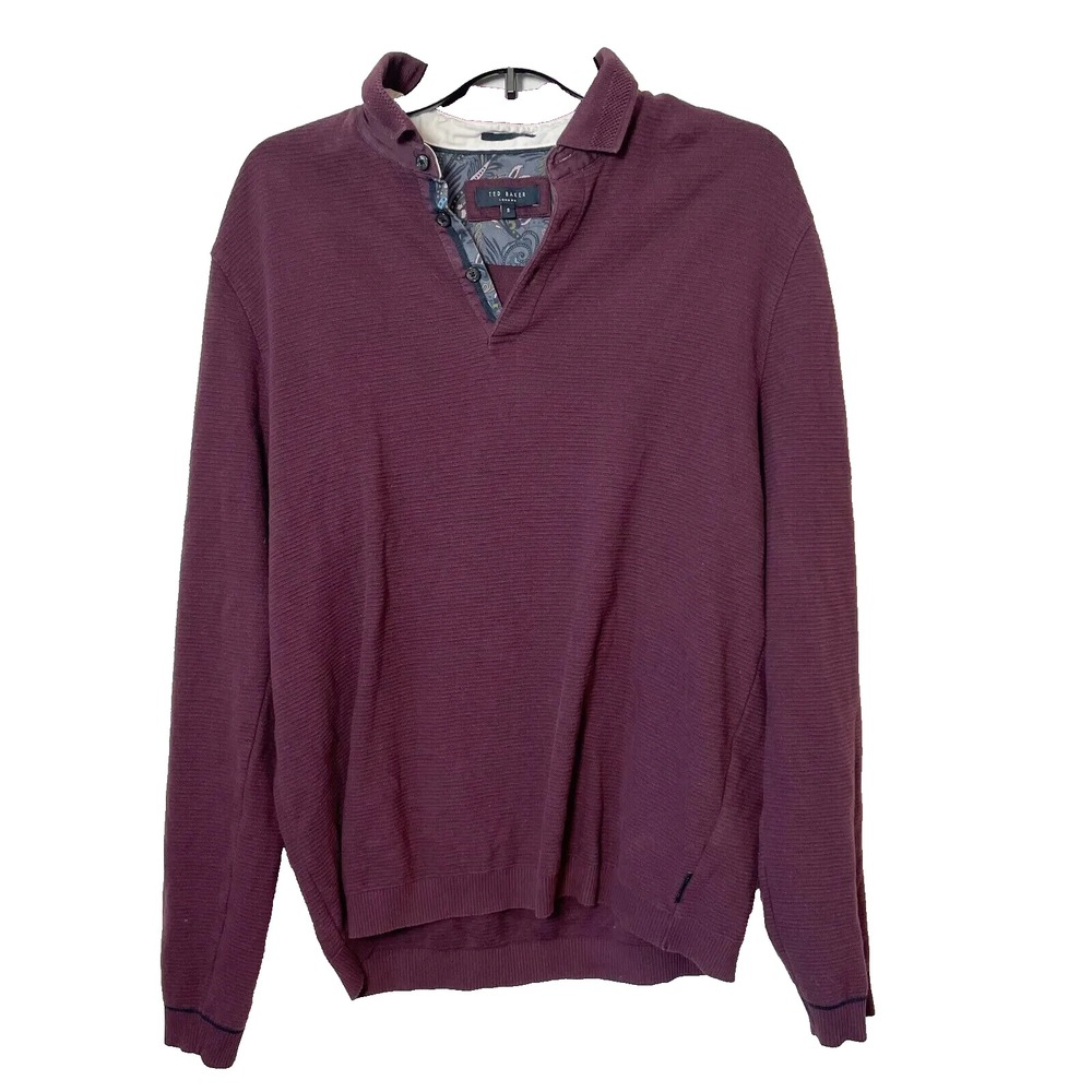 Ted Baker Polo Henley Sweater‎ Mens XL Red Purple Long Sleeve Collared Button Up